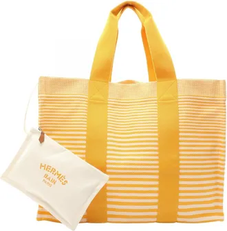 Herm&egrave;s White Yellow Canvas Handbag Tote Bag (Pre-Owned)