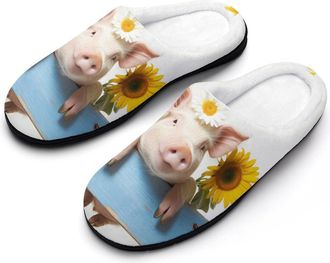 Generic Pigs Fence Daisy Sunflower Mens Slippers Slip On Comfortable Fleece Cotton House Shoes Winter