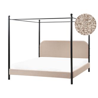 Beliani Cama Con Dosel De Metal Negro Retro Minimalista Somier De Listones Madera De &Aacute;lamo Tapicer&iacute;a De Boucl&eacute; Gris Pardo 180 X 200 Cm Dannemois
