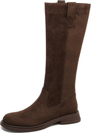 Generic Womens Faux Suede Knee High Boots Round Toe Casual Long Boots with Side Zipper Low Block Heel Knight Boot,Brown,4.5 UK