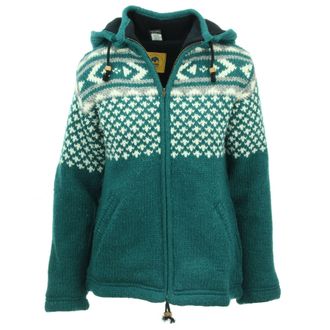 Loud Elephant Hand Knitted Wool Hooded Jacket Cardigan Ladies Cut - Fairisle Teal (XX-Large)