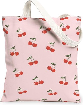 Generic Cherries Floral Canvas Tote Bags, Cute Fruit Pattern Reusable Grocery Bags, Summer Lightweight Washable Shoulder Strap Canv, Peach, 13x15 Inch