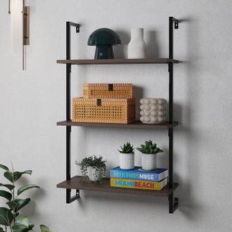 Happimess Madera Classic Industrial 3-Shelf Wood Wall-Mounted Open Ladder Bookcase with Metal Frame
