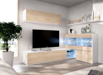 Dmora Dmora - Mueble De Pared Adams, Conjunto Modular De Sal&oacute;n Esquinero, Mueble De Sal&oacute;n Multiposici&oacute;n Con Luz Led, 260x41h180 Cm, Roble Y Blanco