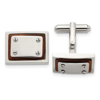 Diamond2Deal Stainless Steel Polished Koa Wood Inlay Rectangle Cufflinks