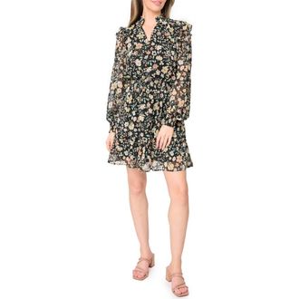 Gibsonlook Daphne Long Sleeve Button Front Minidress in Black Multi Floral at Nordstrom Rack, Size Xx-Large