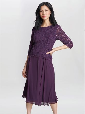 Gina Bacconi Womens Rona Midi-Length Dress With Lace Bodice & ChD31:E31iffon Skirt - Purple - Size 20 UK