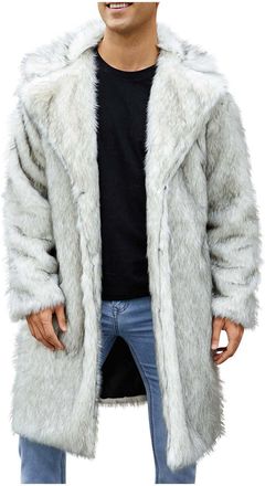 Generic Mens Faux Fur Trench Coat Lapel Open Front Cardigan Jacket with Pockets Thermal Windproof Plain Peacoat Body Warmer Mid Length Overcoat Windbreaker Bo