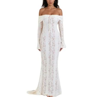Generic Lace Dress for Women, Fitted Off Shoulder Lace Maxi Dress Elegant Bell Sleeve Off Shoulder Knotted Maxi Formal Dresses. (White,L)