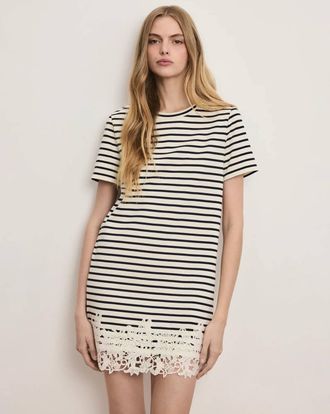 Veronica Beard Rhue Striped Lace-Hem Mini Dress In Dove White Navy Stripe