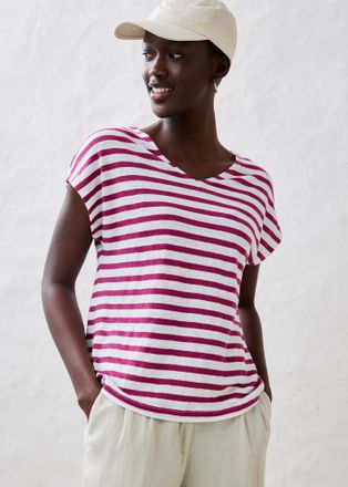 Bonprix T-Shirt BONPRIX, Damen, Gr. 52/54 (XXL), lila (violett, wei&szlig; gestreift), Web, Obermaterial: 100% Leinen, gestreift, oversize normal, V-Ausschnitt, Shi