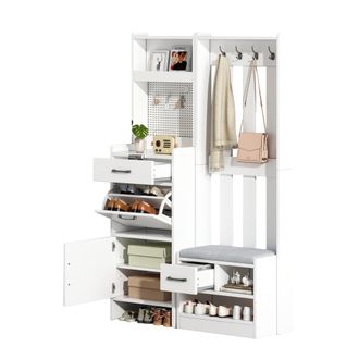 STILVORA Mueble De Entrada Con 2 Cajones, 2 Armarios, 7 Ganchos Y Banco Zapatero Para Recibidor En Tablero De Part&iacute;culas Blanco