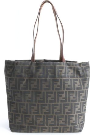 Fendi Zucca Brown Leather Nylon Handbag Tote Bag (Pre-Owned)