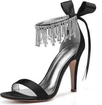 Generic Womens Heels Satin Wedding Bridal Ankle Strap High Heels 10.5Cm Open Toe Prom Evening Formal Party Stiletto Sandals,Black,5 UK