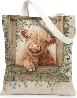 Generic Rustic Cow Canvas Tote Bags, Vintage Floral Pattern Reusable Grocery Bags, Lightweight Washable Shoulder Strap Canvas for S, Beige, 13x15 Inch