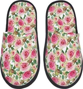 Generic House Slipper Rose Flowers Print Warm Spa Slippers Portable Fluffy Hotel Slippers Travel Hotels M
