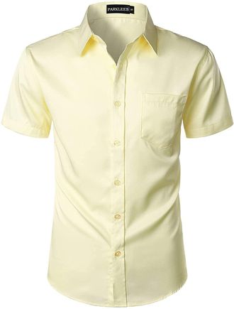 PARKLEES Mens Casual Urban Stylish Slim Fit Short Sleeve Button Up Dress Shirt with Pocket EU-ZLSC15 Ivory XXX-Large