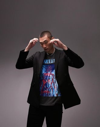 Topman Blazer skinny doppiopetto in jersey nero