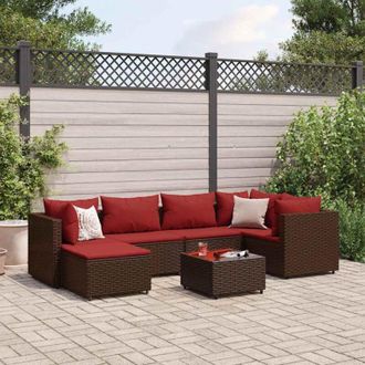 vidaXL Set Muebles De Jard&iacute;n 7 Piezas Y Cojines Rat&aacute;n Sint&eacute;tico Marr&oacute;n Vidaxl