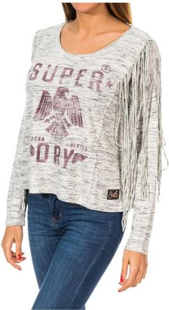 Superdry Ronde Hals Kant Detail Lange Mouw Jersey - Dames - Longsleeves - Grijs - S - Katoen - Tops