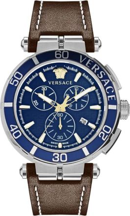 Versace Greca Chrono Herenhorloge Bruin Leer - Heren - Horloges - Grijs - ONE Size - Leer - Accessoires