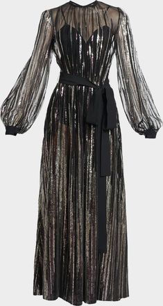 Elie Saab Sequin Embroidered Tulle Long-Sleeve Maxi Dress