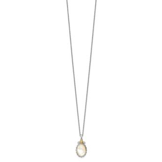 Diamond2Deal Sterling Silver with 14K Accent Floral Oval Mother Of Pearl Pendant Necklace