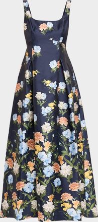 Sachin & Babi Aurora Pleated Floral-Print Mikado Gown