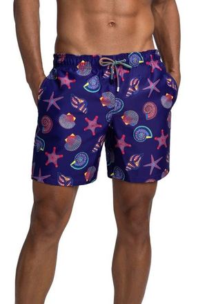 Bugatchi Seashell Print Swim Trunks in Night Blue at Nordstrom, Size Small