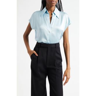 Vince Cap Sleeve Gathered Back Short Sleeve Silk Button-Up Shirt in Celeste at Nordstrom Rack, Size X-Small