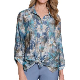 Multiples Printed Crinkle Woven Shirt In Blue Multi