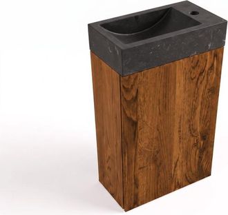 Saniclass Holz Pure Toiletmeubelset - 40x60.5cm - 1 deur - fontein natuursteen donker - kraangat rechts - walnut pure
