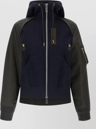 sacai cotton blend hooded zip bomber jacket