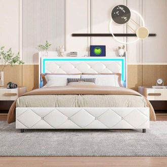 OEM Cama Cofre Doble 140x200 - Iluminaci&oacute;n Rgb - Almacenamiento 200l+ - Amortiguador Neum&aacute;tico - Blanco Pu Moderno