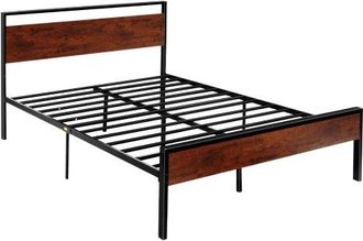 OEM Estructura De Cama Tama&ntilde;o Queen 2135x1535x990 Mm De Plataforma De Metal Negra Con Cabecero Y Pie De Cama De Madera Marr&oacute;n Retro, Espacio Debajo De La 