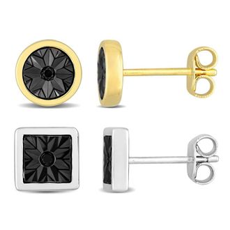 Amour Mens 2-Piece Set of Square and Round Black Diamond Stud Earrings in Yellow and Sterling Silver