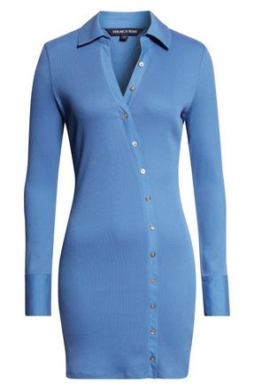 Veronica Beard Brenner Asymmetric Long Sleeve Rib Polo Dress in Blue Coast at Nordstrom, Size X-Small