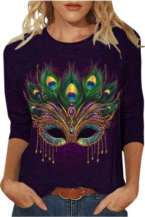 Generic 2026 Mardi Gras Tops for Women UK Casual 3/4 Sleeve Carnival Mask Graphic Shirts Dressy Comfy Crew Neck Loose Fit Blouse Ladies Elegant Lightweight Go