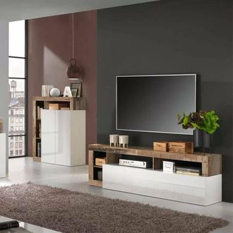 Dmora Mobile porta TV Arkangel, Credenza da soggiorno, Armadio basso per TV, Base parete attrezzata, Made in Italy, 184x42 h58 cm, Bianco lucido e Acacia