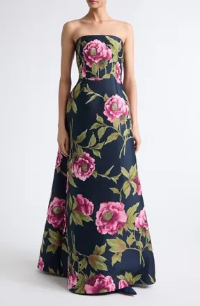Carolina Herrera Peony Jacquard Strapless Gown in Midnight Multi at Nordstrom, Size 10