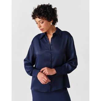 Ghost London Esther Collared Satin Shirt in Navy at Nordstrom, Size 14