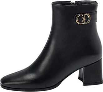 Generic Womens Fashion Square Toe Faux Leather Ankle Boots Block Heels Metal Buckle Detail Comfortable Anti-Slip Wear-Resistant For Office Daily Commute Casua