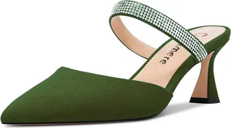 Castamere Women Mid Heel Pointed Toe Slip-on Pumps Court Shoe Rhinestone Crystal Mules Shoes Wedding Prom 6.5 CM Heels Dark Green 6 UK