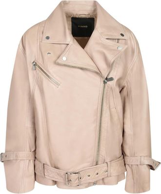 Pinko Leren Biker Jack - Dames - Leren en Su&egrave;de Jassen - Beige - XS - Leer - Jassen