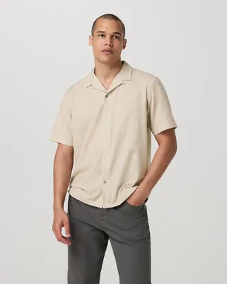 Vuori Clothing Short Sleeve Bridge Shirt - Camp Collar | Golden Brown Micro Stripe | Medium