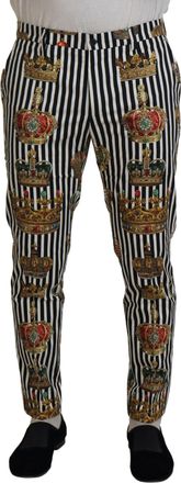 Dolce & Gabbana Mens Crown Print Trousers Blackwhite Stripes - Black Cotton - Size EU 48 (Mens)