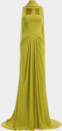 Elie Saab Strapless Crisscross Draped Silk Chiffon Gown With Neck Scarf