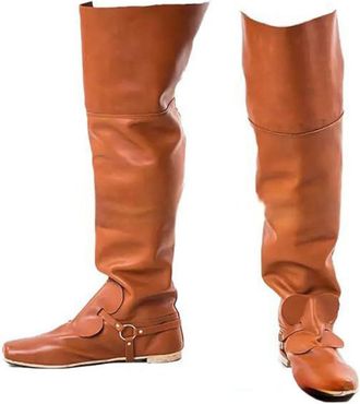 Generic Mens PU Leather Medieval Boots Round Toe Pirate Tall Boots Flat Heel Knee High Boot with Buckle,Yellow,6.5 UK