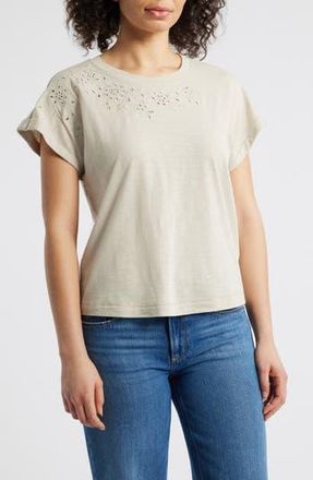 Wit & Wisdom Embroidered Eyelet Cap Sleeve T-Shirt in Stone at Nordstrom Rack, Size X-Small