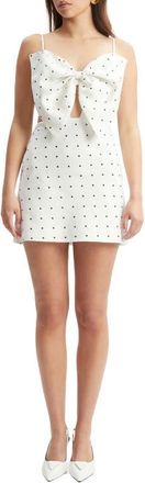 Bardot Vieda Bow Linen Minidress in White Black Spot at Nordstrom, Size 10